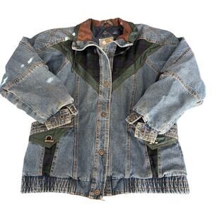 Vintage 80s Oversize Denim Coat Current Seen Jean Jacket Green Flannel Small